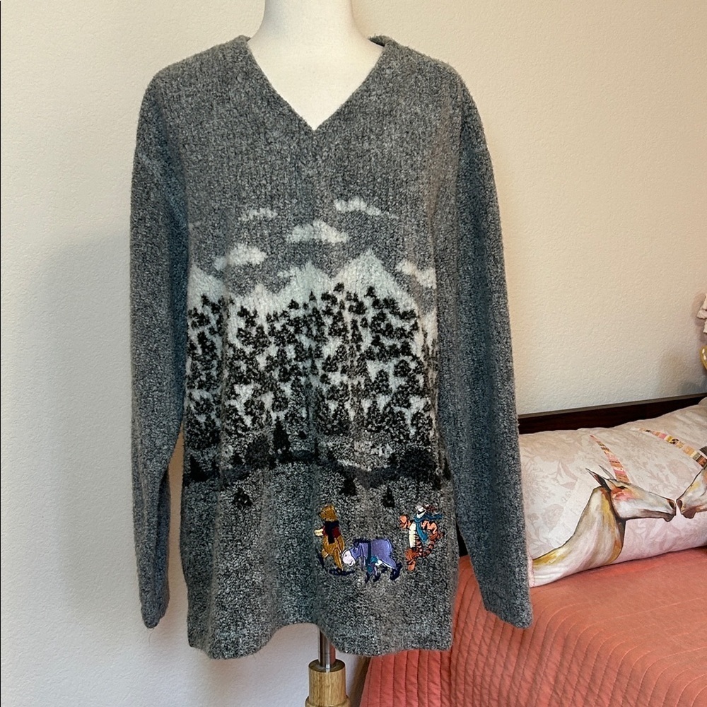 Vintage 90s Disney Catalog Pooh Eeyore Tigger Winter Mountain sweater gray sz L - Picture 14 of 14
